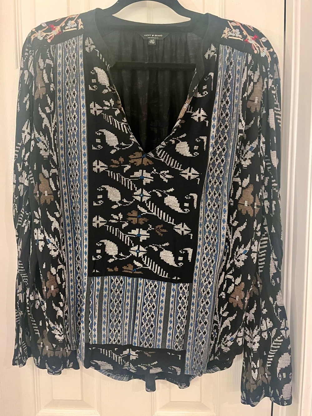 Lucky Brand Mixed Print Embroidered Peasant Blouse – Size L/XL